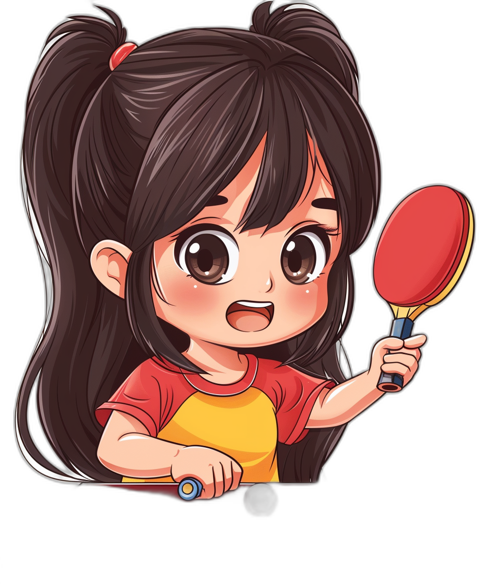 A cute little girl is playing table tennis in a cartoon style with a black background and simple line, vector illustration of a chibi character. She has long hair and bangs tied into two ponytails with brown eyes wearing a red dress and yellow shirt holding the red and white baton, with a happy expression on her face in the style of a cartoon character and game avatar in the Pixar Disney style.