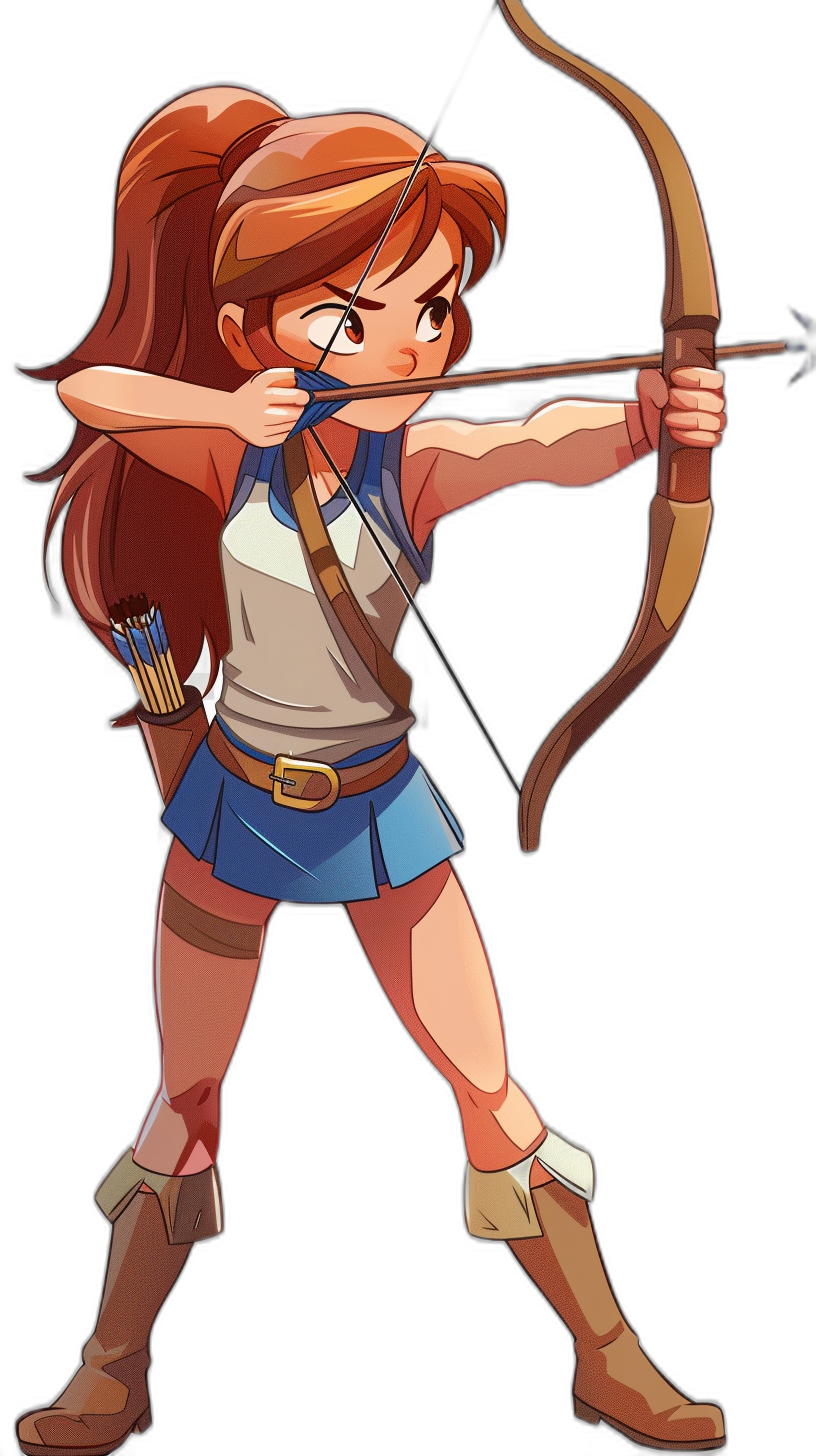 A cartoon-style illustration of an archer girl with long brown hair in pigtails, wearing blue shorts and a white shirt, holding her bow and arrow ready to shoot. She has tan skin and is standing on a black background. The style should be reminiscent of classic video game graphics from the early days of gaming. Use a vector art approach for a vibrant look, emphasizing bold colors and simple lines that capture nostalgia while maintaining clear details and textures in the style of classic video game graphics from the early days of gaming.