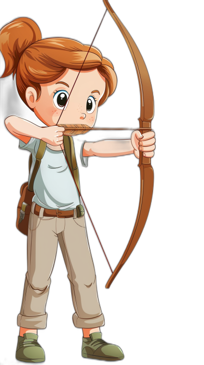 Cute cartoon vector style illustration of an archer girl with a bow, ginger hair in a ponytail and blue eyes wearing a white shirt, khaki pants and hiking boots shooting arrows on a black background. Full body view. Cartoon character design in the style of Pixar studio. Vector graphics.