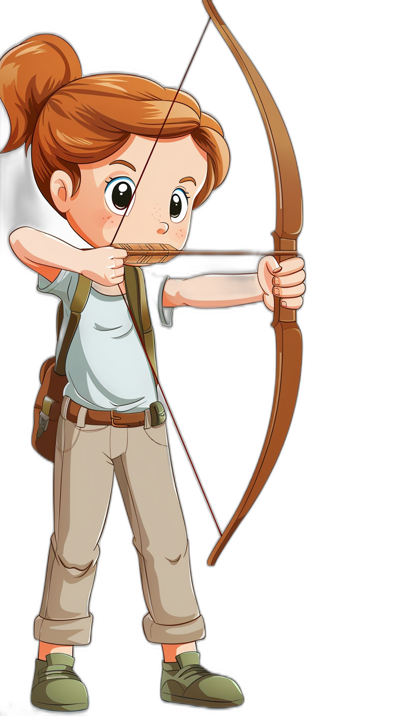 Cute cartoon vector style illustration of an archer girl with a bow, ginger hair in a ponytail and blue eyes wearing a white shirt, khaki pants and hiking boots shooting arrows on a black background. Full body view. Cartoon character design in the style of Pixar studio. Vector graphics.