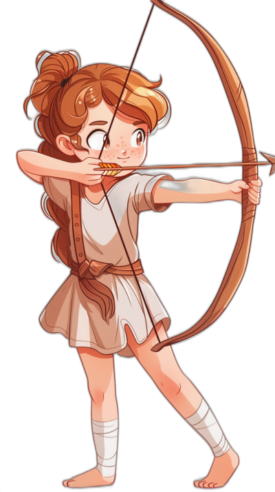 A cute cartoon of the archery goddess Artemis in the style of anime, with a black background, wearing a white tunic and holding a bow with an arrow, with ginger hair in pigtails.