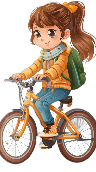 A cute little girl is riding an orange bike, wearing blue jeans and a yellow jacket with a green backpack on her back. She has long brown hair in pigtails, big eyes, dark eyeliner, white skin tone, in the style of a cartoon, on a black background, as a simple illustration, in the style of vector art, as a full body portrait, at a high resolution, with high detail, and of high quality.