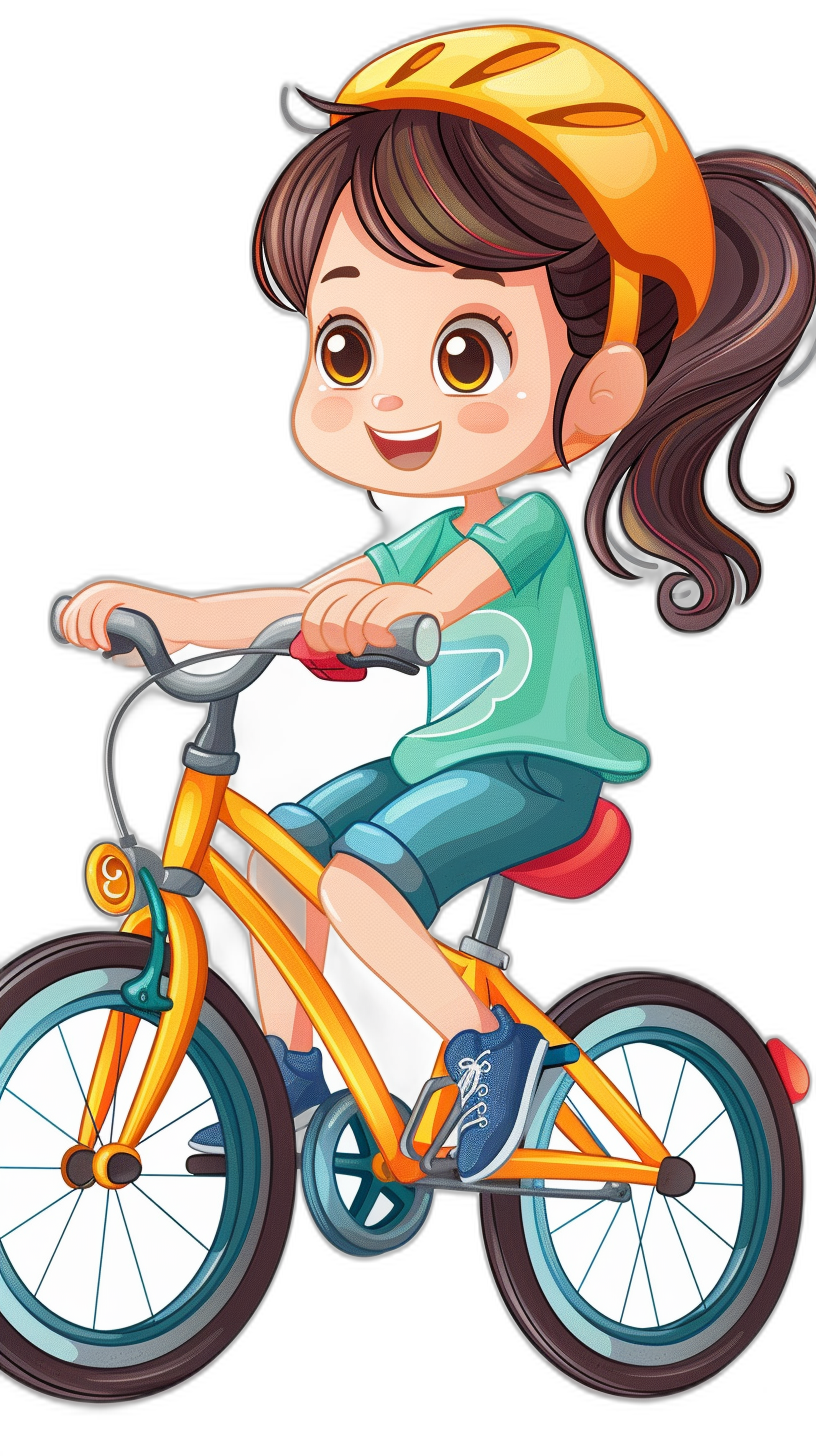 A cute little girl is riding her bike, cartoon style, vector illustration with black background. She has long brown hair and big eyes wearing an orange helmet on top of the head. Wearing blue shorts and green tshirt with sneakers. The bicycle’s color is yellow and red. It should have two wheels in front and one wheel behind, with white paper as its seat, clipart design for kids. Isolated on solid black background. Vector Illustration.