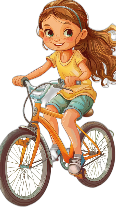 A cute little girl is riding an orange bike, wearing yellow short sleeves and blue shorts, with big eyes and long brown hair tied in pigtails in the style of a cartoon on a black background.