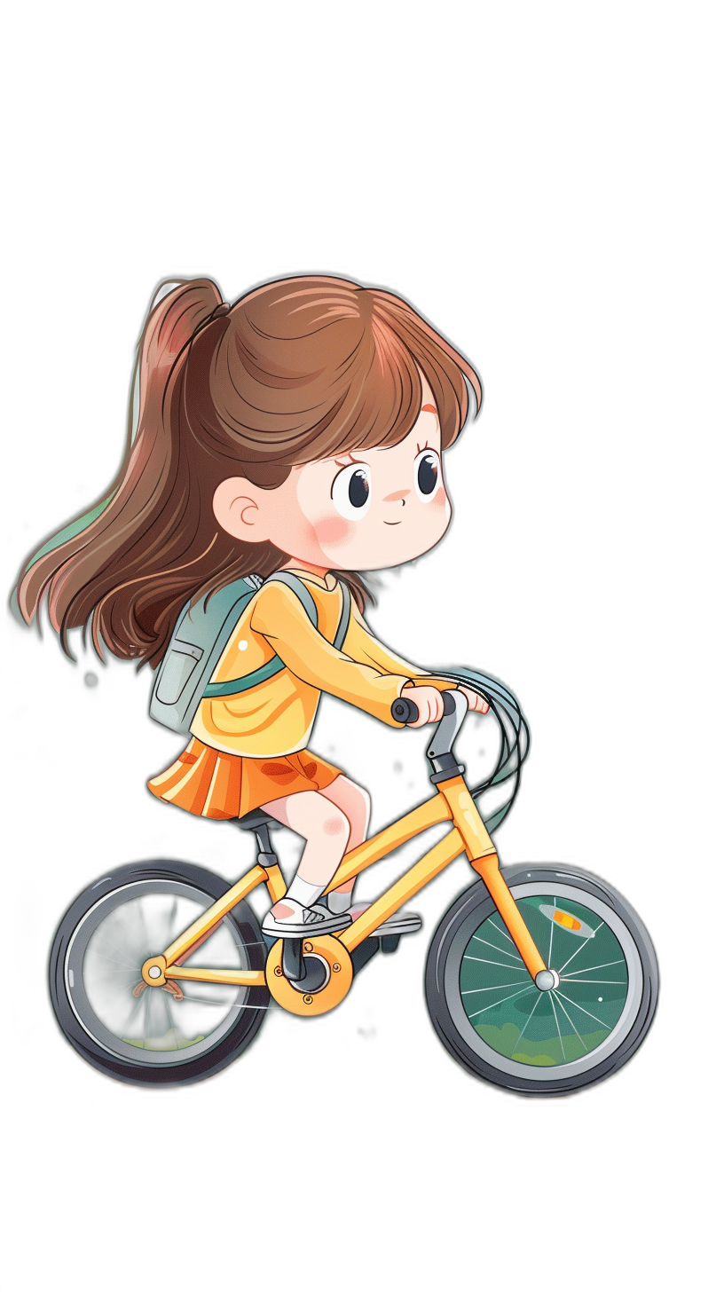 A cute little girl is riding an electric bike with a simple background against black. The illustration is in the style of a cartoon with vector lines that are simple yet cute and dreamy. She wears yellow  with brown hair and green eyes. The image is high quality, high detail, and high resolution.