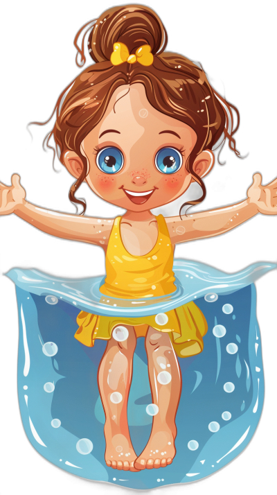 A little girl with brown hair and blue eyes is standing in an inflatable pool, wearing yellow . This is a cartoon style vector illustration for a t-shirt design with high resolution and high detail. It features a cute character design in the style of a cartoon, with a happy expression as a full body portrait against a black background. Colorful  and water drops are shown splashing around her feet.