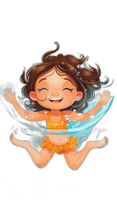 A cute little girl is floating in the air, wearing orange short sleeves and a blue water wings on her back, smiling against a black background. The illustration is in the style of Pixar Animation Studios.