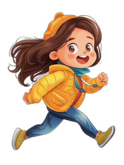 A cute little girl is running, wearing yellow jacket and blue jeans with orange hat on her head. She has long brown hair that flows behind her as she runs against the wind. Her eyes sparkle of joy while smiling wide open in excitement for adventure., high resolution illustration, high details, cartoon style, black background, children's book illustration style