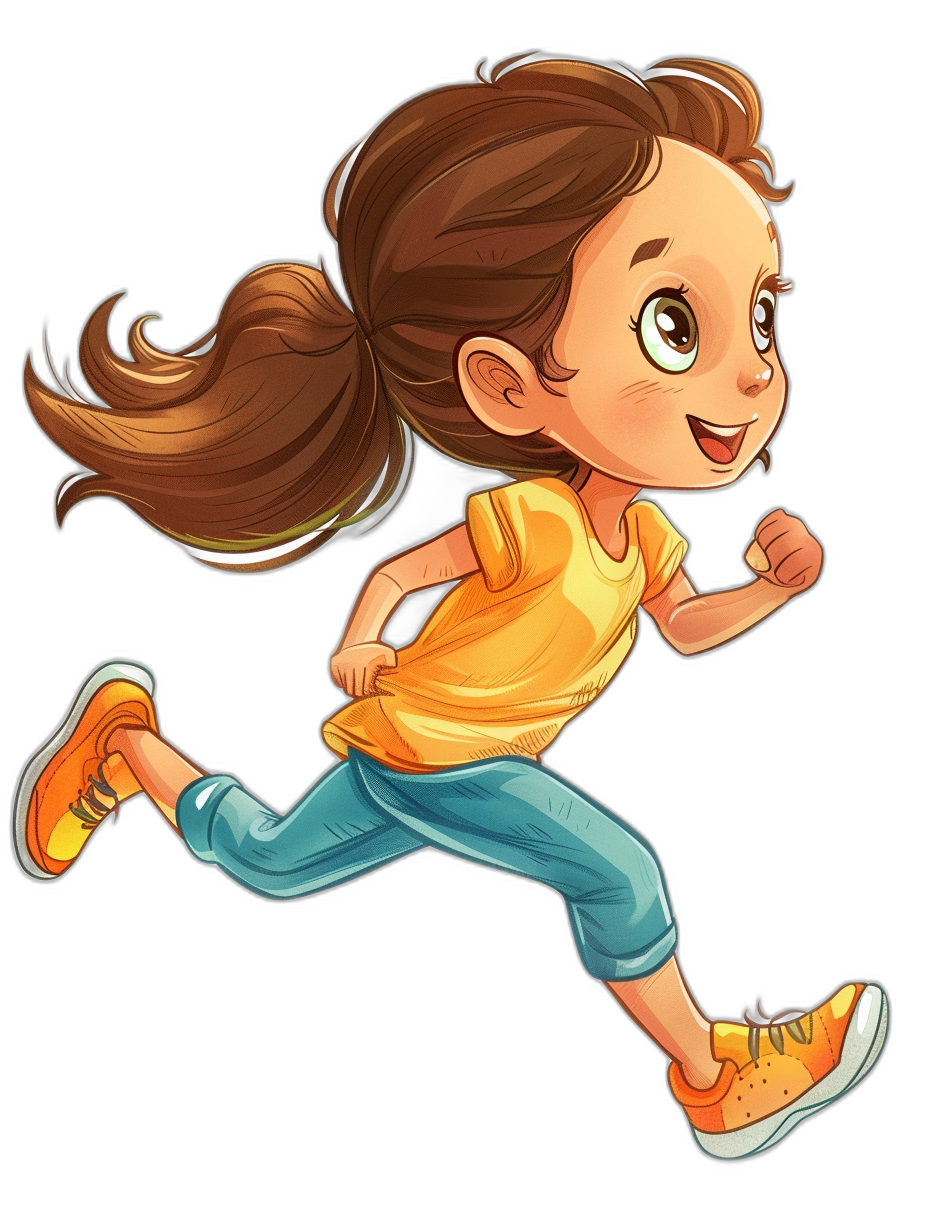 cute cartoon girl smiling and running with brown hair in a ponytail wearing a yellow shirt, blue pants and orange shoes on a black background, in the style of clip art, hd