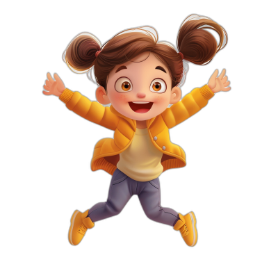 A cute girl with brown hair in pigtails is jumping, wearing a yellow jacket and blue pants in the style of a Pixar character on a black background.