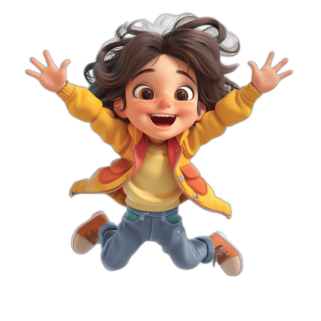 A happy girl with medium brown hair and blue eyes, wearing jeans and a yellow jacket jumping in the air in the style of Pixar character design on a black background.