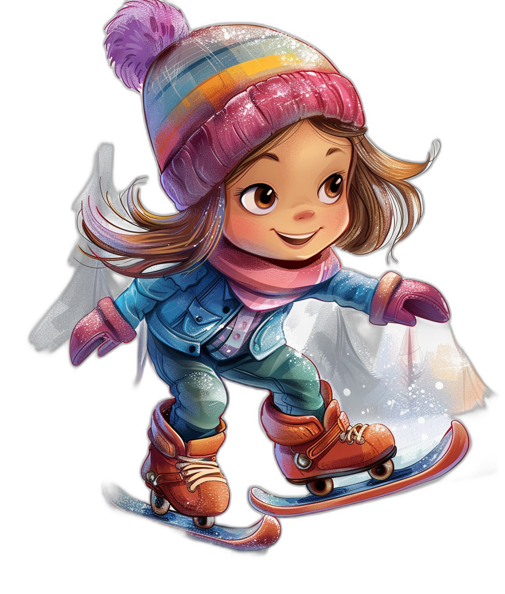 A cute little girl is skating, wearing winter  and a hat, in the style of cartoon, colorful, with a black background, colorful  details, in the style of Disney Pixar illustration, with a cartoon character design, high definition, high resolution, super detailed, high quality.