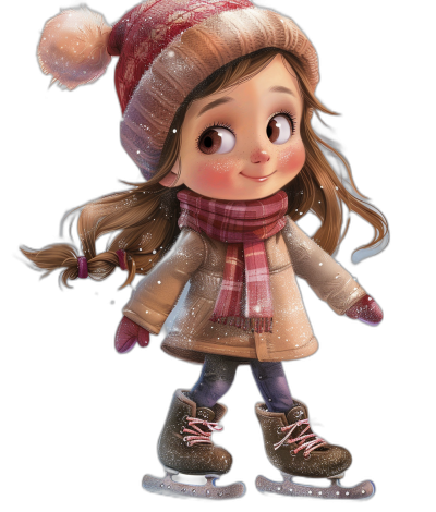 A cute little girl is ice skating, wearing long sleeves and gloves, with brown hair and big eyes, dressed in winter  and a hat, a pink scarf around her neck, on a black background, in a cartoon style, in the style of Disney Pixar animation, a full body shot, full of details, an exquisite portrayal of facial features, a happy expression, with ice skates on her feet, in the style of Disney Pixar animation.