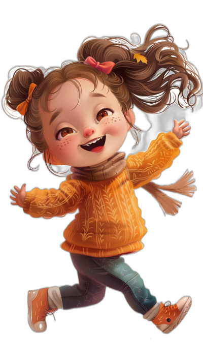 Cute little girl cartoon character illustration, jumping up happily with a black background, wearing an orange sweater and jeans, long hair in a big buns hairstyle, wearing cute shoes, smiling face, high definition, high resolution, full body portrait, bright colors, rich details, warm tones, lively expressions. In the style of Pixar, in the style of Disney animation, children's book illustrations, in