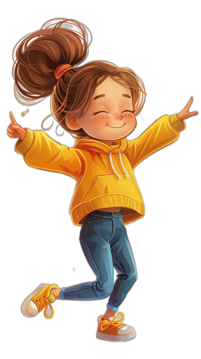 A cute little girl wearing a yellow hoodie and jeans is dancing and smiling with her eyes closed. She has long brown hair in an elegant bun on top of her head, in the style of Pixar, with a simple black background. This is a full body portrait in a flat illustration style, and she is wearing black shoes.