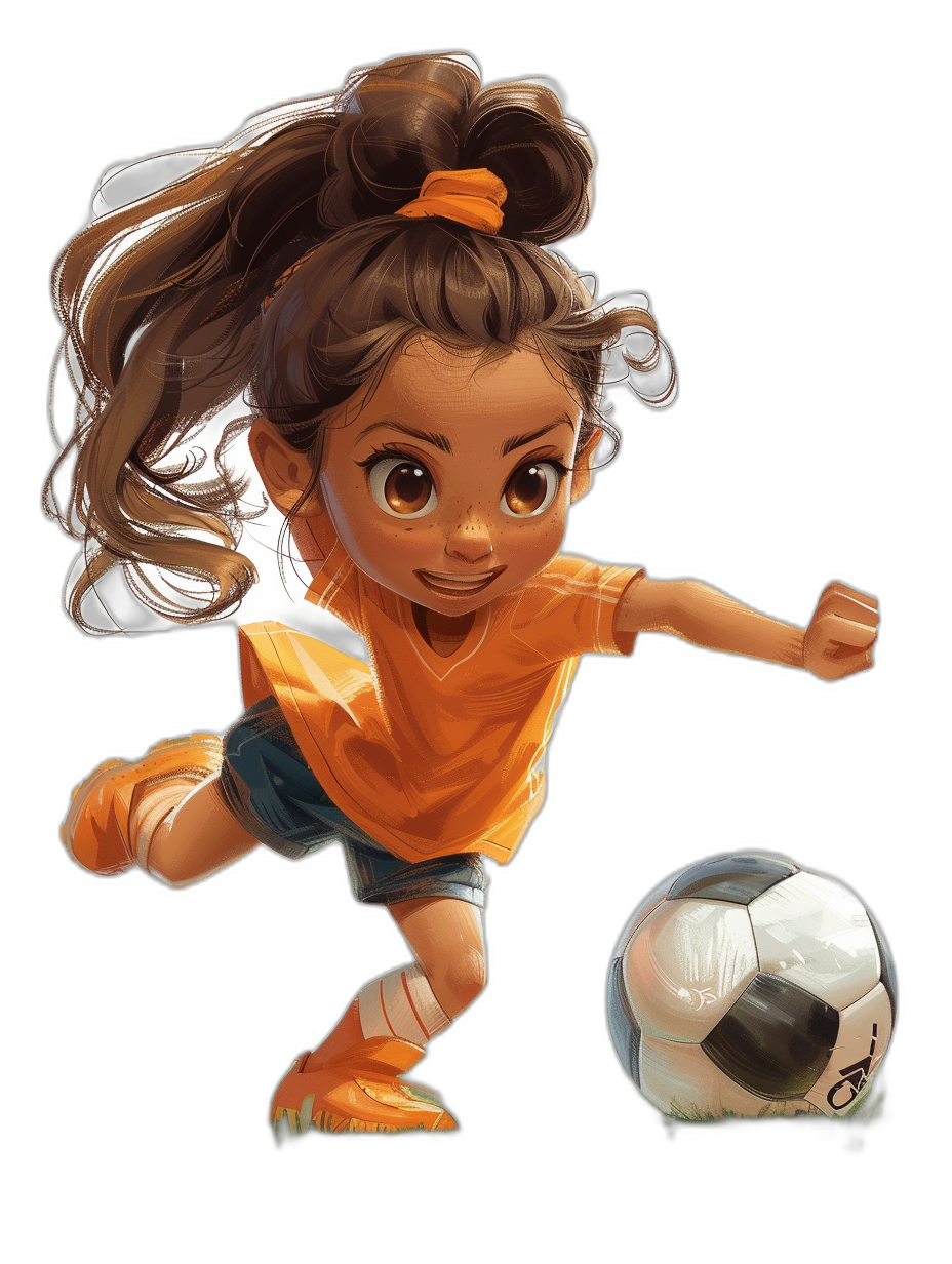 A cute little girl in an orange t-shirt and blue shorts plays football in the style of Disney Pixar on a black background, with brown hair in pigtails, big eyes, chibi character design, playing soccer, kicking the ball at full speed towards you, wearing orange sneakers, in a 2D art style, as a digital painting, with high resolution, sharp focus, and studio lighting.