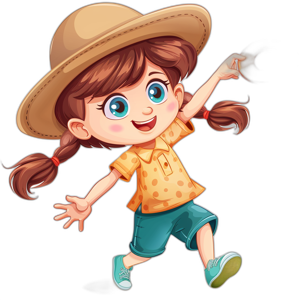 A cute little girl dressed as an explorer in a cartoon style vector illustration with a black background. She is wearing blue shorts and a yellow shirt with polka dots on it. Her hat has a wide brim and there is a big smile on her face as she jumps in pose. Her hair is in two pigtails and she has white skin color and bright eyes. The clipart is isolated on a solid black background and is a high resolution photo in a professional photograph with highly detailed style.