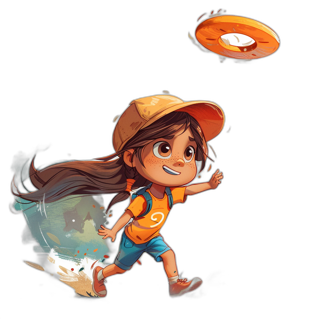 A cute cartoon girl with long brown hair and an orange cap, wearing blue shorts running after an iridescent frisbee on a black background, clipart in the style of Pixar Disney animation.