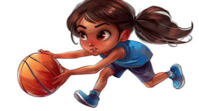 a cute little girl playing basketball, vector art, black background, cartoon style, chibi character design, full body shot, wearing blue jersey and shoes, big eyes, long hair in ponytail, dribbling ball with right hand while jumping, cartoon illustration, digital painting, 2D game graphics, high resolution