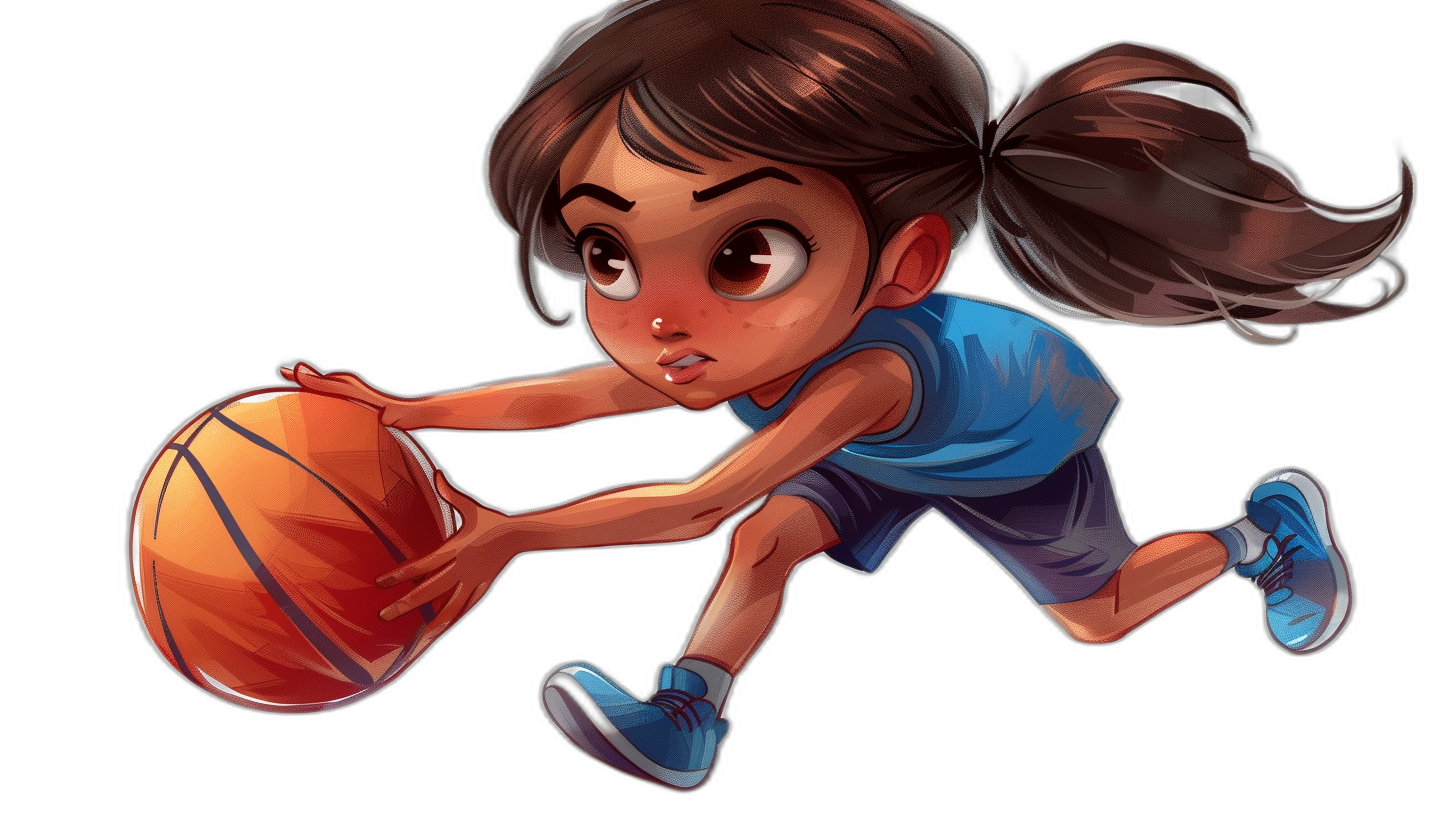 a cute little girl playing basketball, vector art, black background, cartoon style, chibi character design, full body shot, wearing blue jersey and shoes, big eyes, long hair in ponytail, dribbling ball with right hand while jumping, cartoon illustration, digital painting, 2D game graphics, high resolution