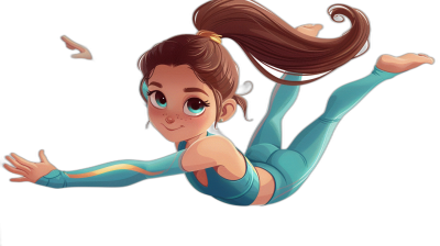 A cute cartoon girl in blue and turquoise yoga pants, doing the flying posture of an acrobatic sport with a brown hair ponytail and big eyes against a black background. In the style of Disney Pixar.