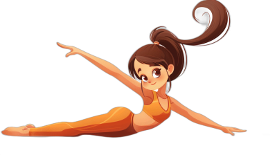 A cartoon girl doing a yoga pose with her full body against a black background. The illustration is in the vector style with simple strokes and solid colors. She has a cute and lovely expression with brown hair in a ponytail tied with a white ribbon on her head. She is wearing an orange tank top and long pants in the Disney Pixar animation style with simple details. The image is high resolution, high quality and high detail with the best picture quality and renderer.