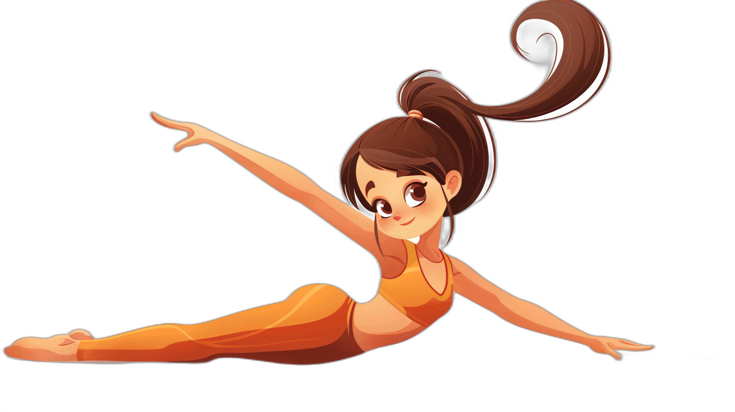 A cartoon girl doing a yoga pose with her full body against a black background. The illustration is in the vector style with simple strokes and solid colors. She has a cute and lovely expression with brown hair in a ponytail tied with a white ribbon on her head. She is wearing an orange tank top and long pants in the Disney Pixar animation style with simple details. The image is high resolution, high quality and high detail with the best picture quality and renderer.