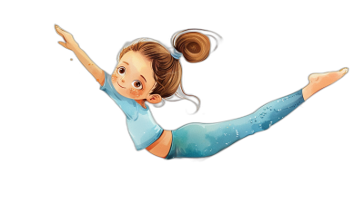 A young girl gymnast in the air, in the style of a cartoon children's book illustration, isolated on a black background, showing her full body, wearing a blue top and light cyan pants, with brown hair tied back in two buns, white eyelashes, big eyes, and a smiling expression.