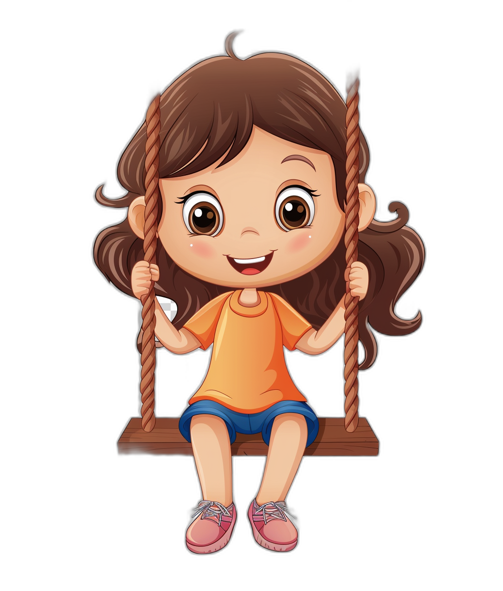 a cute happy girl cartoon character sitting on the swing, clip art style with black background