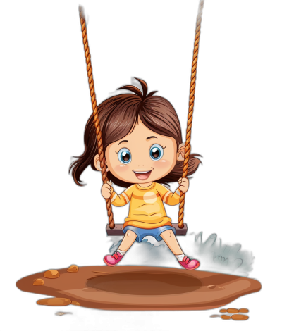 A cute little girl is sitting on the swing, cartoon style, vector illustration, simple strokes, black background, high resolution, colorful colors, cartoon characters. She has brown hair and blue eyes wearing shorts and yellow shirt with pink shoes. The rope of her wooden swing hangs in front of him. There's dirt under his feet. A small puddle can be seen at its bottom. Pixar Style