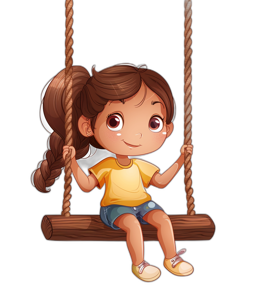 A cute little girl is sitting on the swing in a cartoon style with simple lines as a vector illustration against a black background. She has a cute expression and is wearing yellow short sleeves and blue shorts with white shoes. The girl has brown hair with two ponytails and big eyes with a happy smile as seen from the side view. She has long legs hanging down from her feet. The rope at each end is tied to one edge of the wooden board at different heights. Her hands hold onto both ends of the ropes and are swinging up and down.