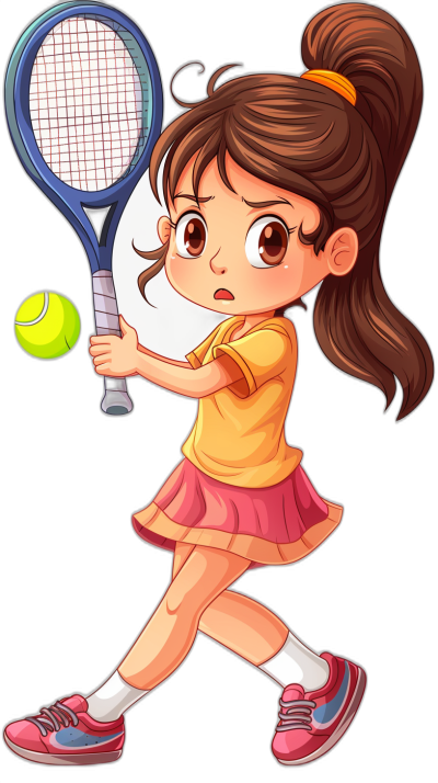 Cute cartoon girl playing tennis in the style of vector illustration with black background, high resolution, no text, borderless, detailed details, high quality, high detail, best quality, high resolution, high definition, high sharpness, high contrast, high clarity.