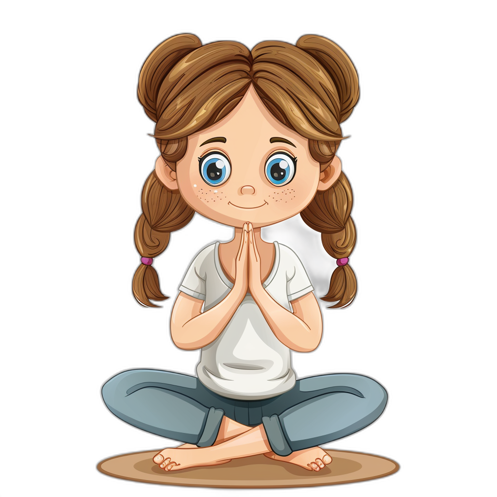 A cute cartoon girl doing yoga in the style of clip art, simple drawing in the style of solid black background, white tshirt and blue pants, brown hair in pigtails with two braids each side of her head, big eyes, hands clasped together as if praying.