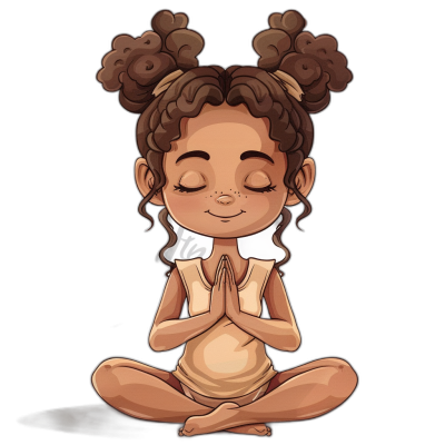 A cute little African American girl with brown skin, sitting crosslegged on the floor meditating in lotus position with her hands folded like praying. She has dark eyes closed and she is smiling slightly. Her hair should be in a short styled updo of curls. Vector style on a black background.