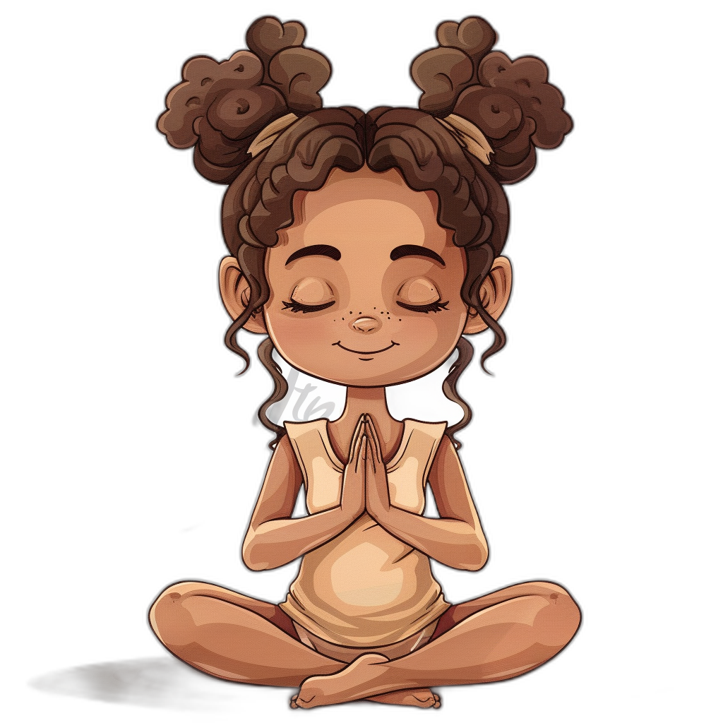 A cute little African American girl with brown skin, sitting crosslegged on the floor meditating in lotus position with her hands folded like praying. She has dark eyes closed and she is smiling slightly. Her hair should be in a short styled updo of curls. Vector style on a black background.