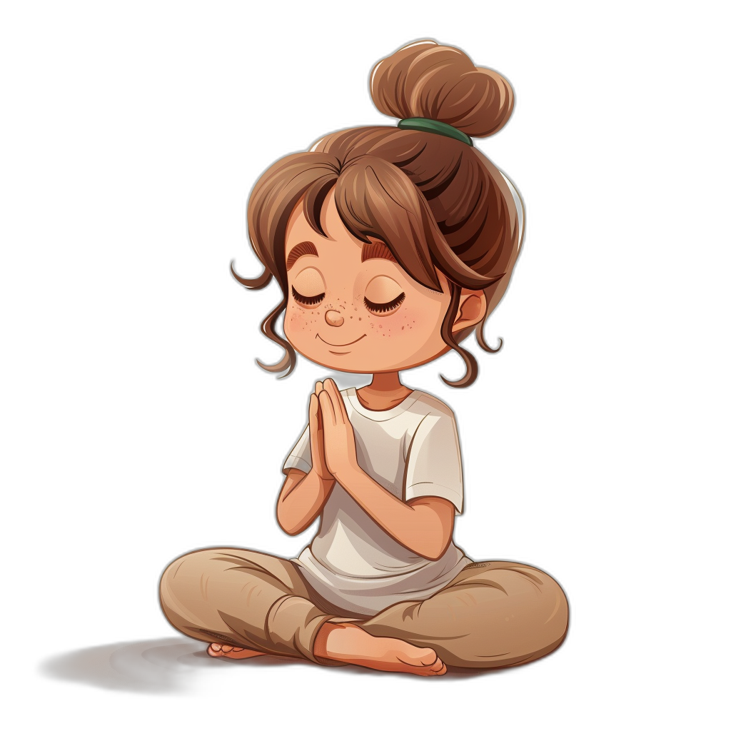 A cute little girl is sitting on the ground, hands clasped together in prayer with closed eyes and her head tilted back slightly, wearing yoga pants, a white t-shirt, brown hair in buns, in a simple flat cartoon style. Black background.