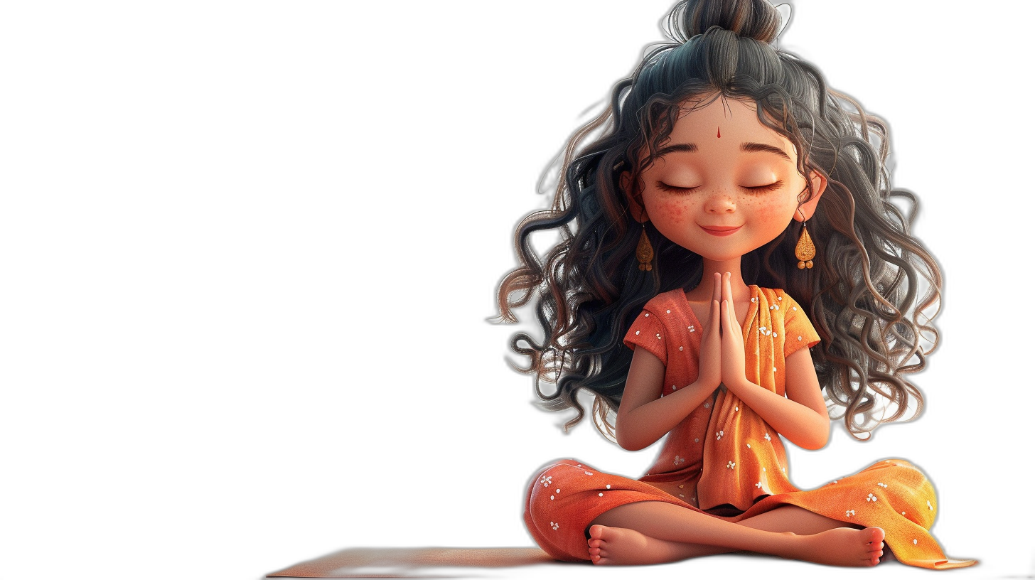 A cute little girl with long curly hair is sitting in lotus position and meditating. She has beautiful eyes closed, her hands folded together at the chest, wearing an orange sari in the style of a Disney Pixar animation character design. On a black background, this high resolution, high detail, full body portrait shows the girl from the front with a happy expression and detailed facial features and .