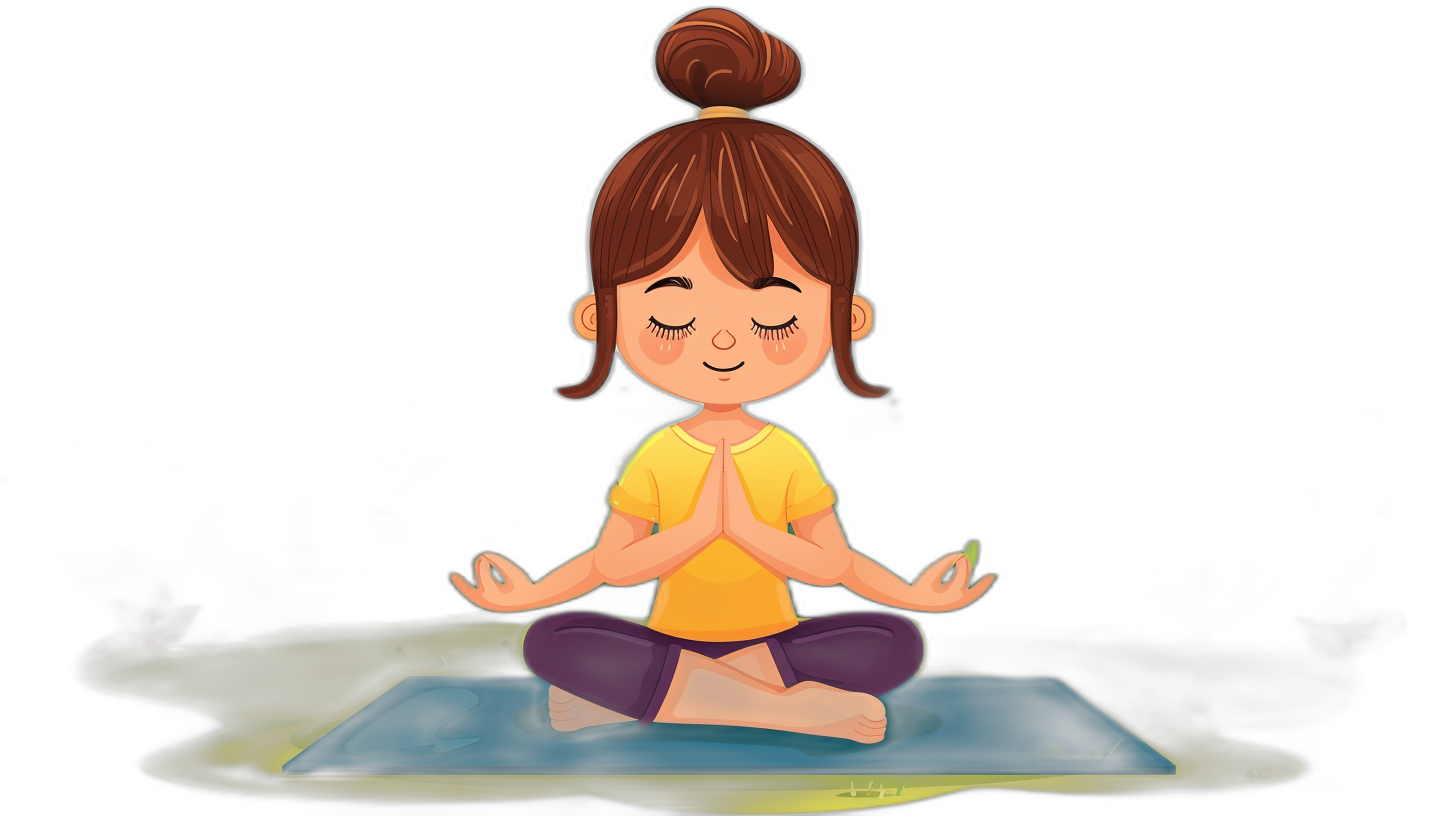 cartoon girl doing yoga, dark background, cartoon style, cute little brown hair with buns on her head and yellow shirt sitting crosslegged in the lotus position on blue mat holding hands near face closed eyes, simple vector illustration, simple shapes, 2d digital art, simple colors, dark black isolated background