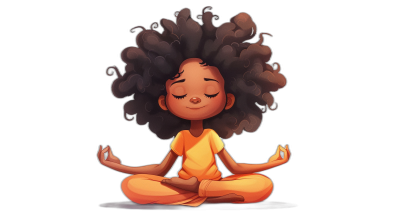 African American cartoon girl meditating against a black background in a cute style with a simple design. She has cute hair with curls in a full body shot character design. The cartoon art has simple details with high resolution and high contrast. She has smooth textures with natural lighting and warm tones. The girl has a relaxed posture with a smile on her face and her eyes closed in a meditation pose.