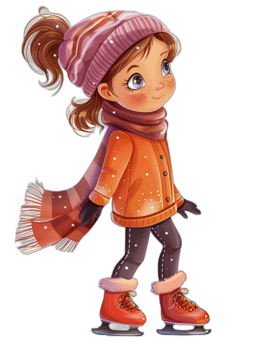 A cute little girl is ice skating, wearing an orange down jacket and a pink hat with a scarf around her neck. She has big eyes and brown hair in pigtails. She is drawn in the style of colorful cartoon illustrations with a black background and as a full body drawing.