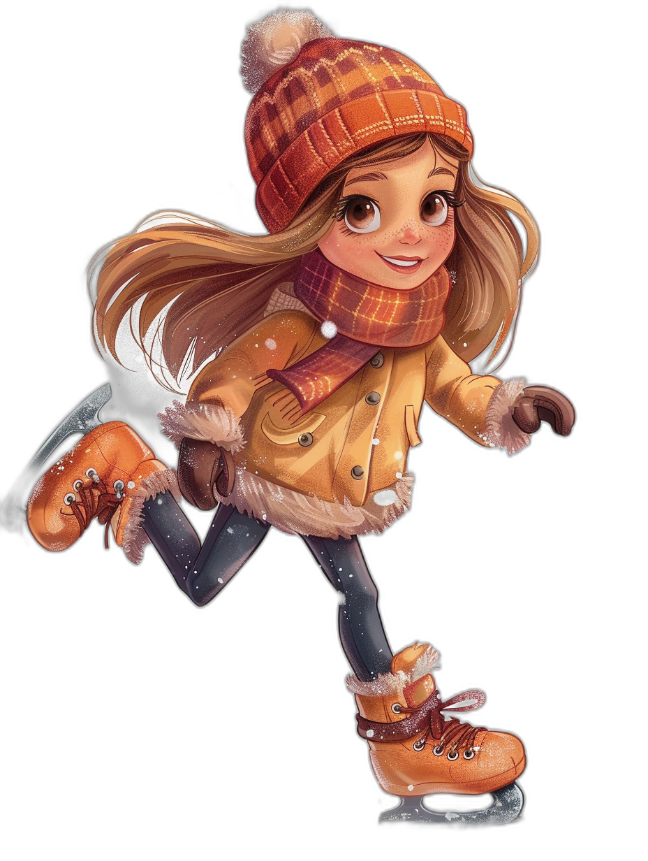 Cute girl skating in a winter outfit in the style of clipart, on a black background in the style of cartoon Disney Pixar cute characters, at a high resolution