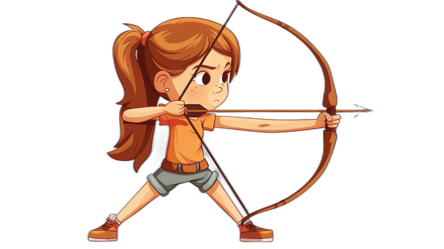 A cartoon girl archer aiming with her bow and arrow against a solid black background as a full body illustration in a simple yet cute design style reminiscent of a children’s book illustration with cel shaded art style. She has brown hair in a ponytail and wears an orange shirt with grey shorts in the style of a children’s book illustration.