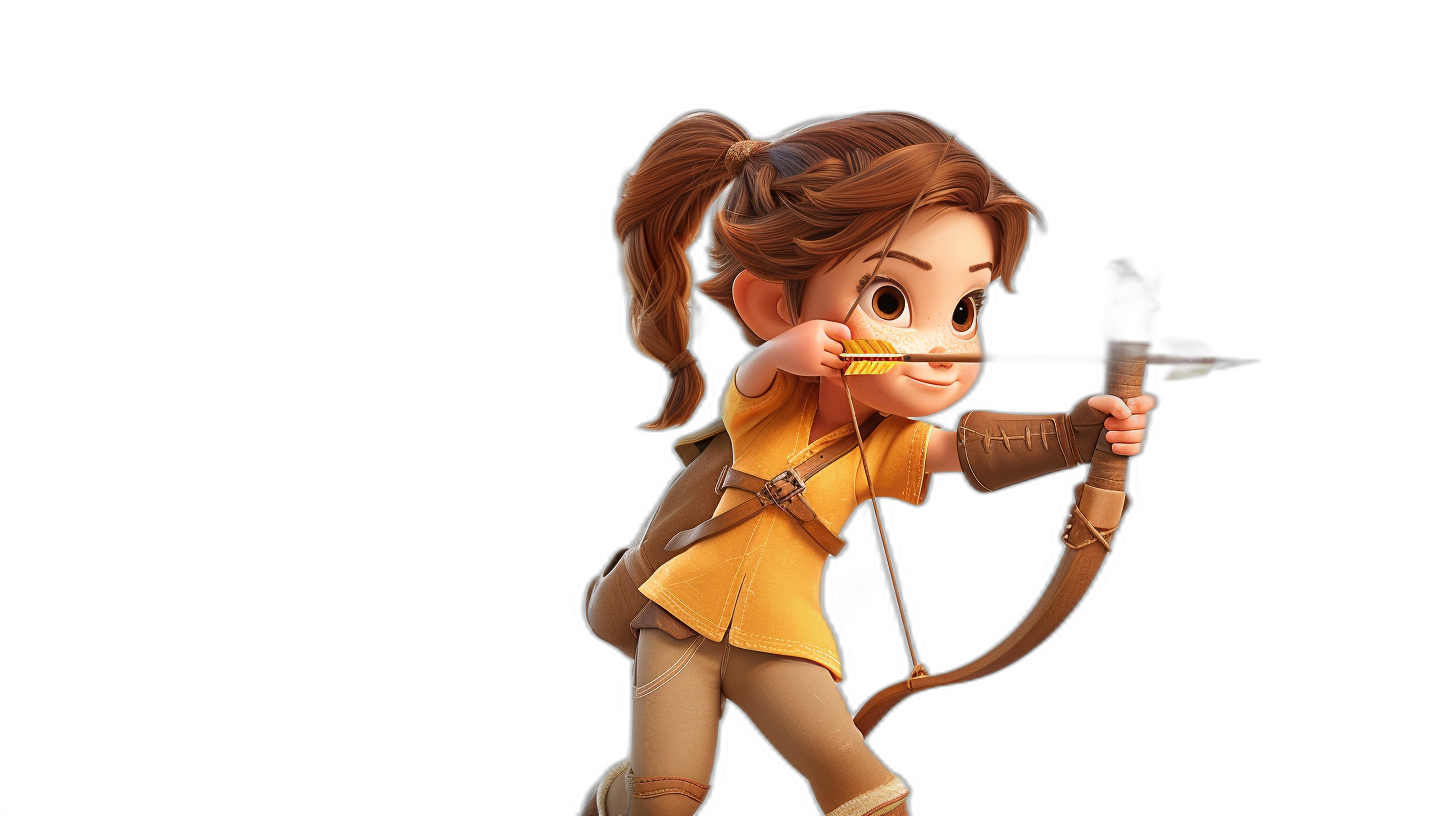 A cute girl with brown hair in pigtails, wearing yellow and beige holding an arrow on her back ready to shoot forward, in the style of Pixar character, black background, 3d render, cartoon, in the style of Disney.