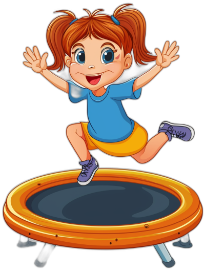 a cartoon illustration of happy girl jumping on trampoline, clip art style with black background