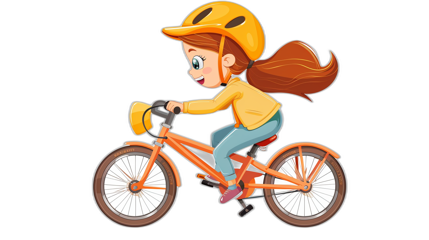 Cute girl riding bike cartoon vector, simple flat illustration with black background, graphic design style, no shadows and lighting effects, simple color scheme, full body portrait of cute little woman wearing yellow helmet and orange bicycle , side view angle, cute smile, cartoon character design, simple lines, clear outline, 2D effect, simple details, no shading, no shadowing. The colors should be bright and cheerful. No text or other elements in the picture