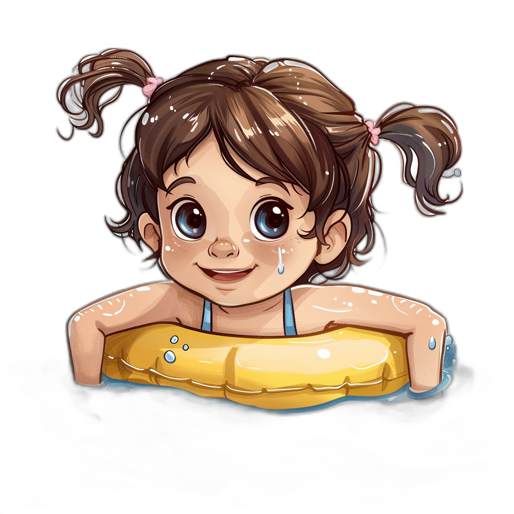 A cute little girl with pigtails is floating in the water on an inflatable yellow ring. She has big blue eyes and brown hair against a simple black background in the style of a cartoon.