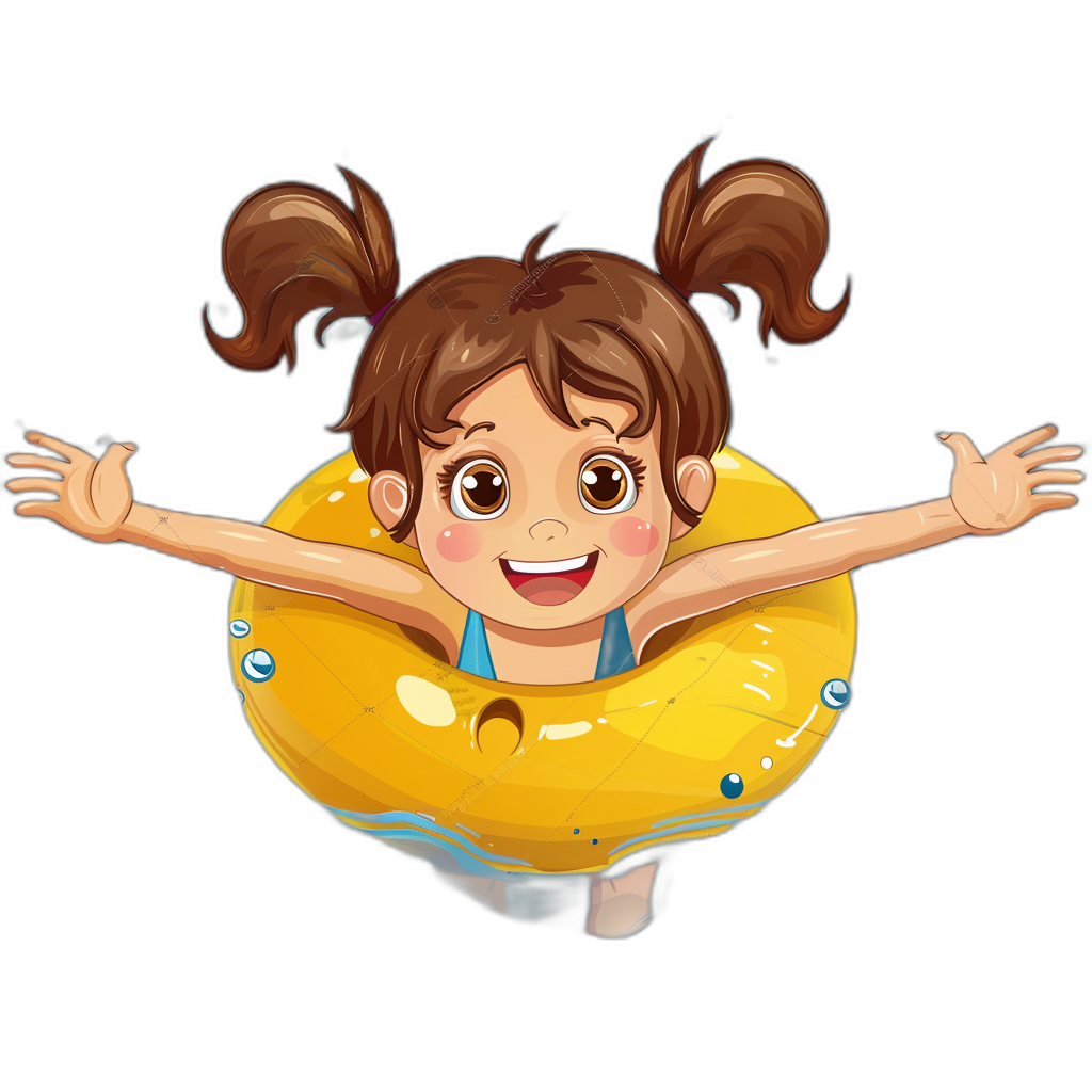 A cute little girl is floating on an inflatable ring in the style of a vector illustration with a flat design and black background. She has brown hair in pigtails, big eyes, a small nose, and full lips, wearing blue shorts and a yellow top. The inflatable tube floats above the water surface. She has a smiling face.