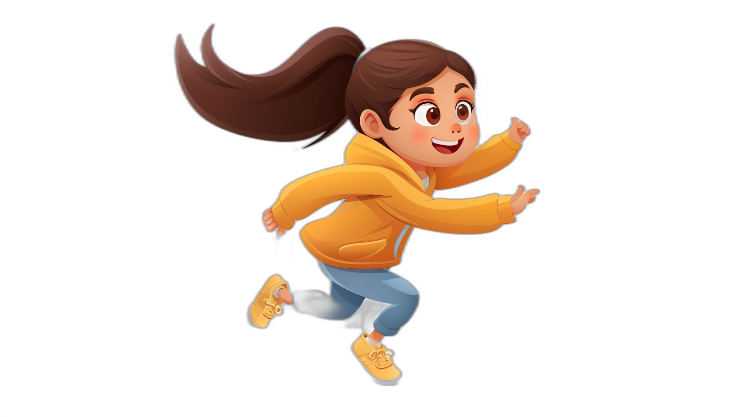 Cute girl character in a yellow hoodie and blue jeans running with a smiling face against a black background in the style of vector illustration and Disney Pixar animation. A full body shot of her in high quality, super detailed, and high resolution with a 3D rendering style. She has a cute cartoon design with a solid color background. She has black hair with a ponytail on the side of her head and brown eyes with simple facial features. A full-length portrait in the style of 2D game art.