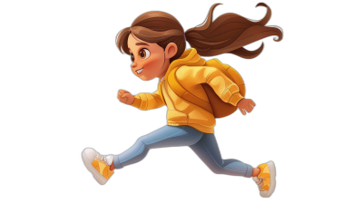 A girl with brown hair in a ponytail, wearing a yellow jacket and blue pants is running, from the side view, with simple facial expressions, in the style of cartoon character design, in the style of Disney Pixar animation characters, on a black background, 3D rendered at a 45 degree perspective.