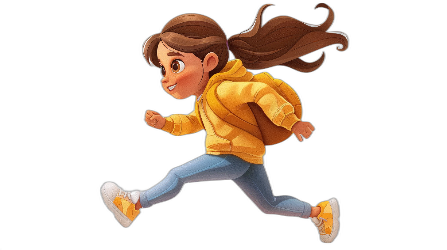 A girl with brown hair in a ponytail, wearing a yellow jacket and blue pants is running, from the side view, with simple facial expressions, in the style of cartoon character design, in the style of Disney Pixar animation characters, on a black background, 3D rendered at a 45 degree perspective.